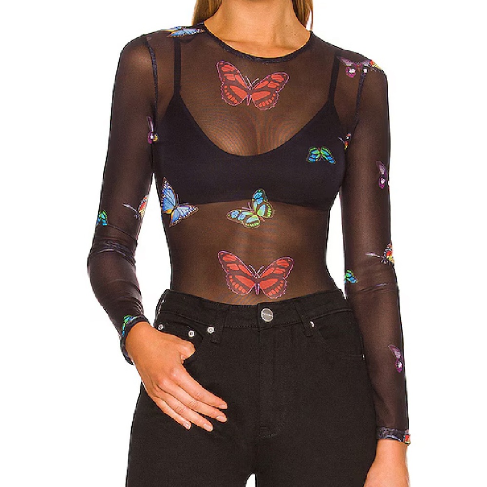 Superdown Sheer Black Bodysuit with Colorful Butterfly Print
